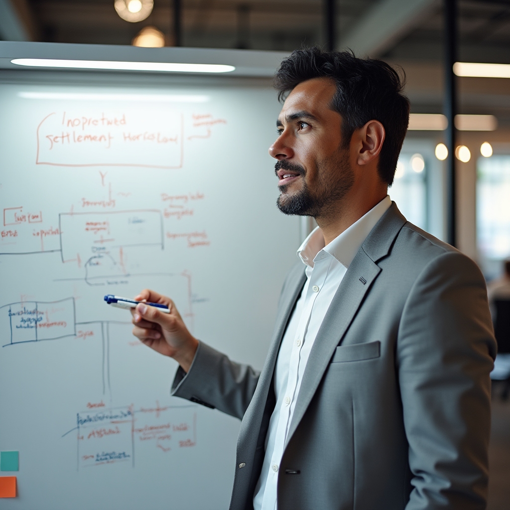 Consultant mapping a payment settlement workflow with sticky notes and diagrams on a large whiteboard
