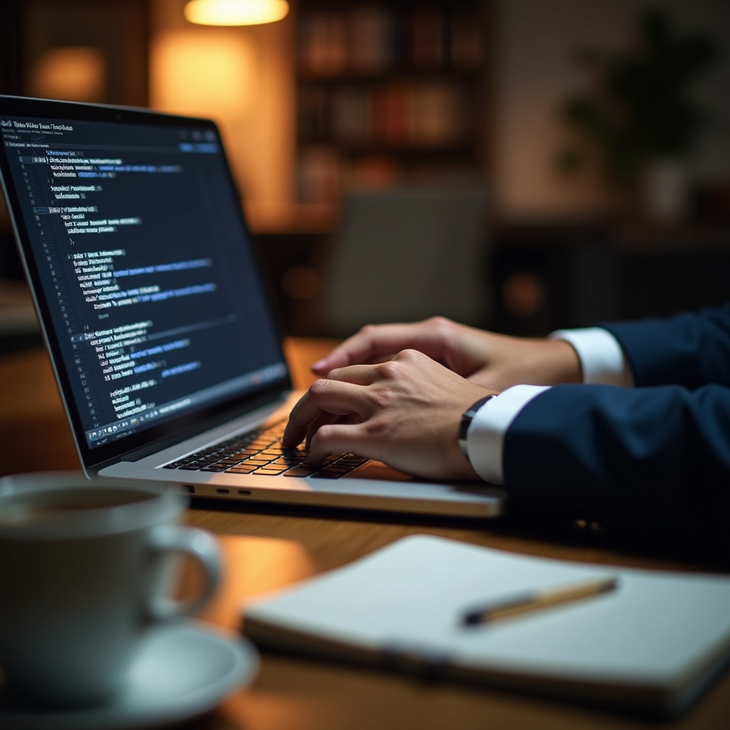 Close-up of hands reviewing transaction processing code and log entries on a laptop screen