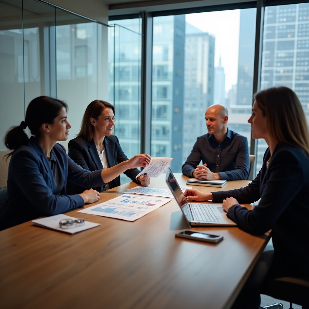 Fintech engineering team discussing findings around a table with laptops and printed diagrams in a glass-walled meeting room