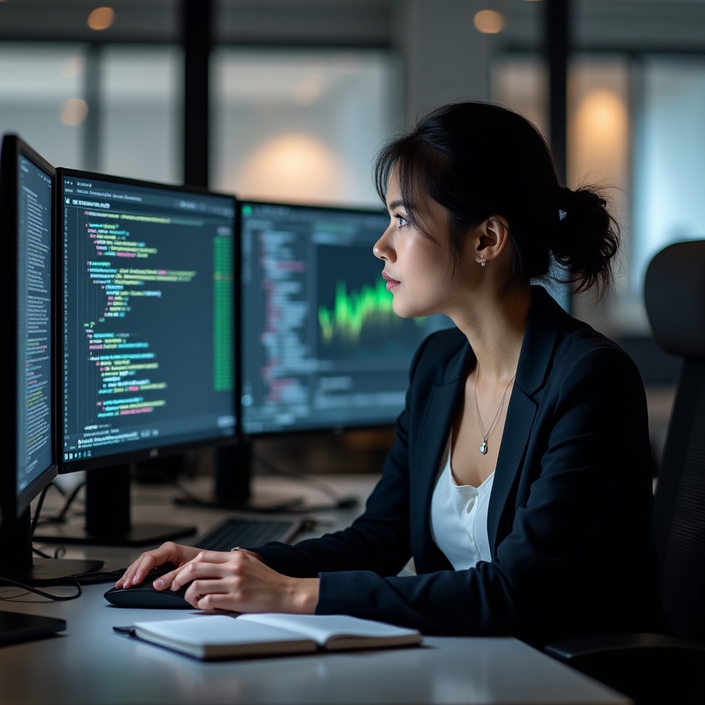 Consultant setting up an isolated test environment on a laptop surrounded by monitoring screens showing transaction logs