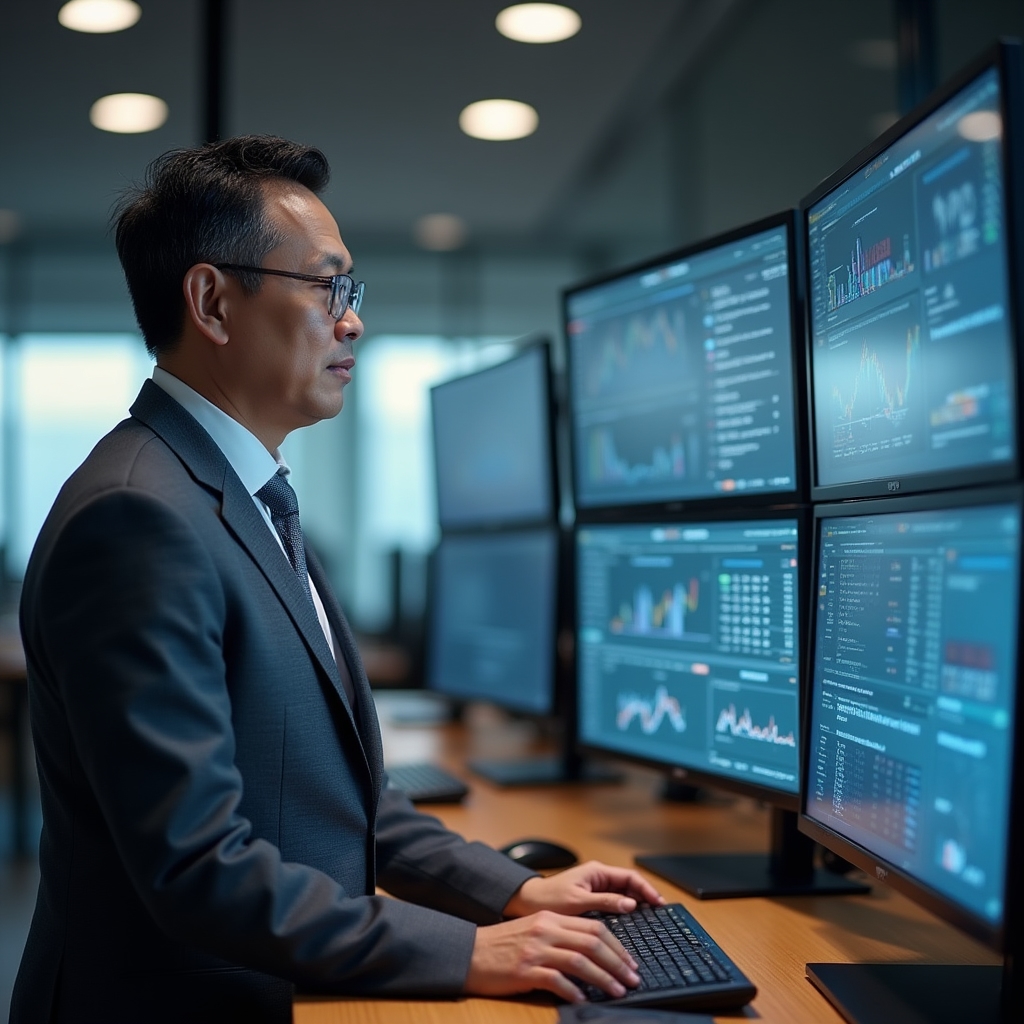 Consultant reviewing transaction monitoring dashboards on multiple screens during a system audit