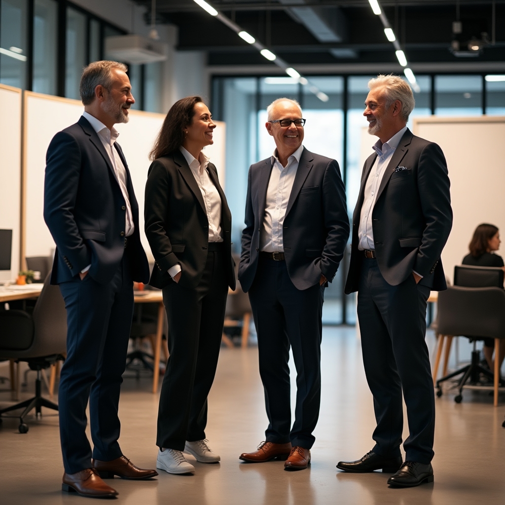 Group of senior consultants standing together in a collaborative office space discussing a project