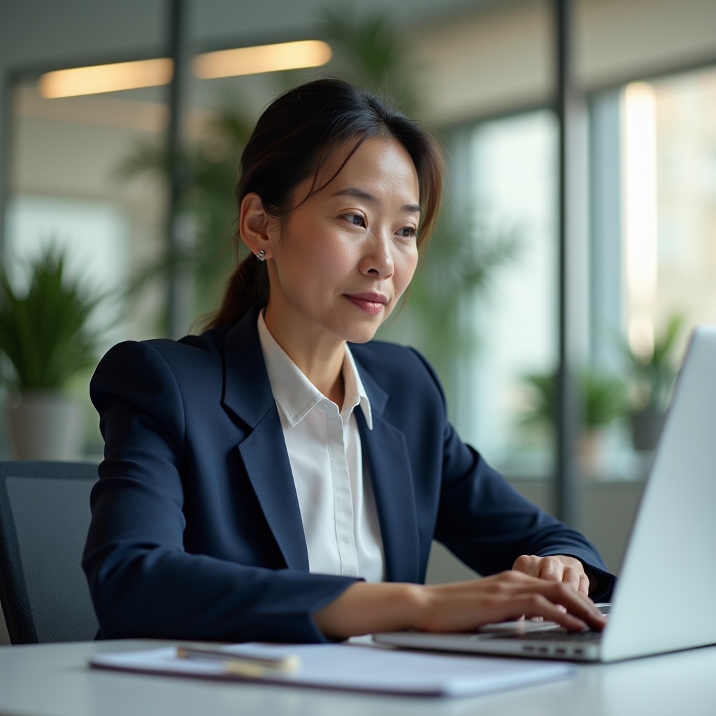 Senior fintech consultant in business attire reviewing transaction logs on a laptop in a bright office