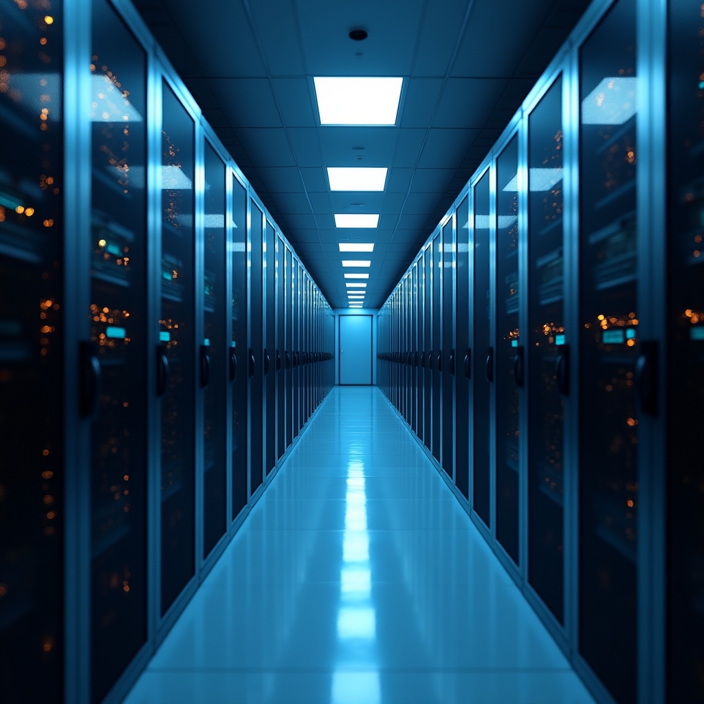 Rows of server infrastructure equipment in a data center corridor with cool ambient lighting