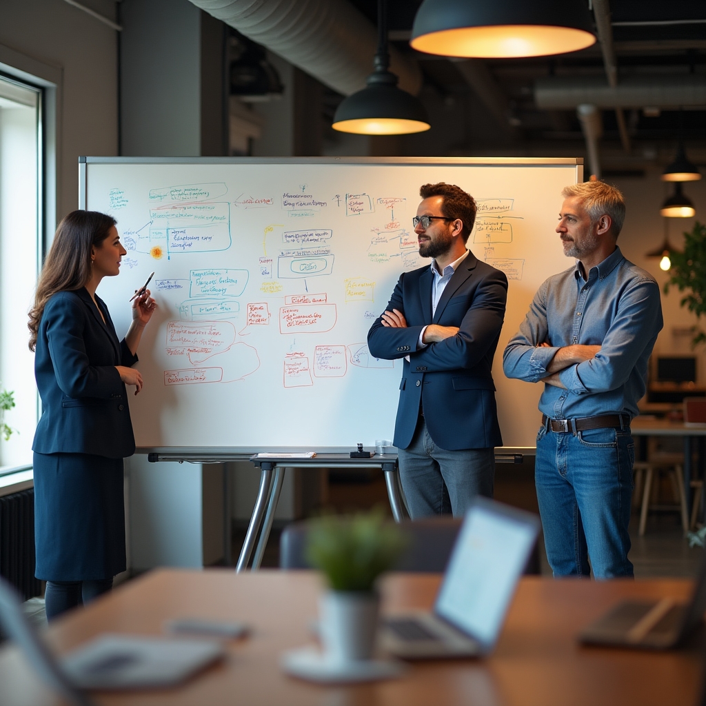 Consulting team gathered around a whiteboard mapping out a transaction processing workflow with colored markers