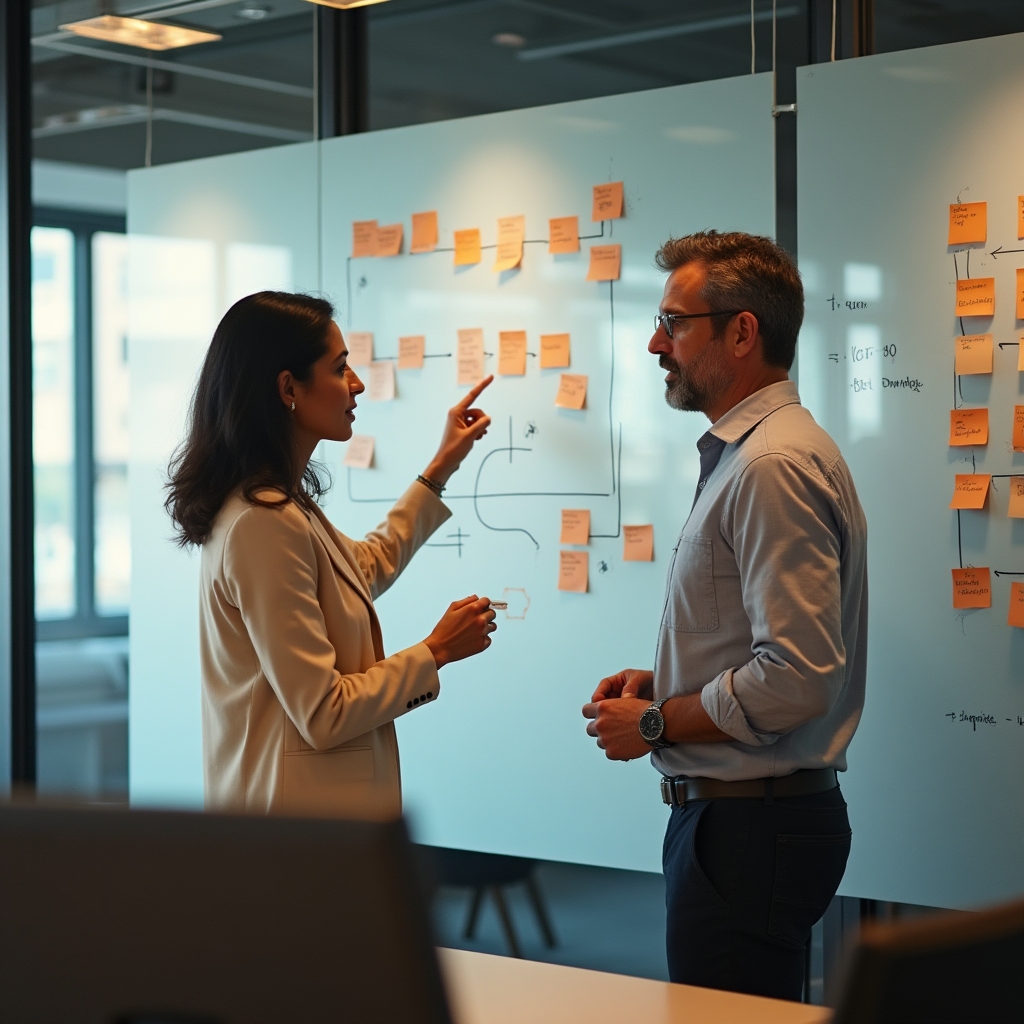 Two consultants mapping a transaction flow diagram across a glass wall covered in sticky notes