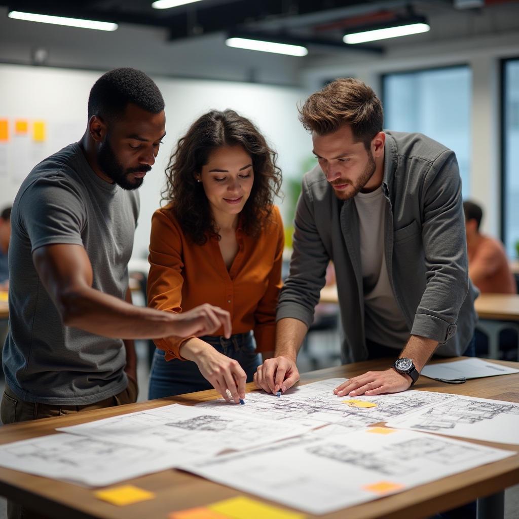 Consulting team gathered around a standing desk reviewing printed architecture diagrams during a working session